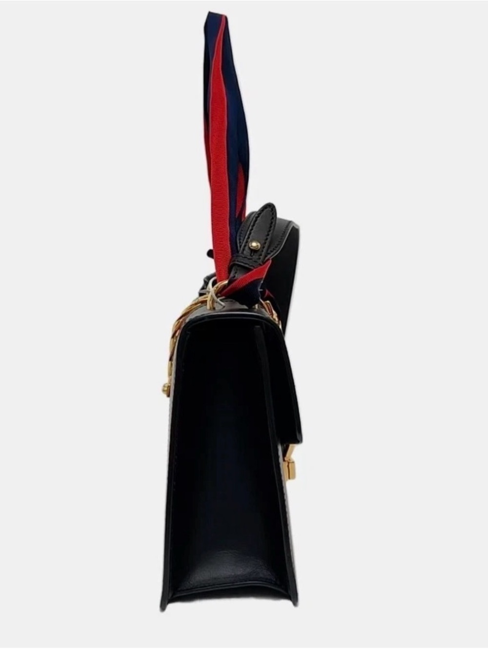 EUC Gucci Black Leather Shoulder Bag with Green Panel & Red-Blue Striped Strap - Picture 4 of 7